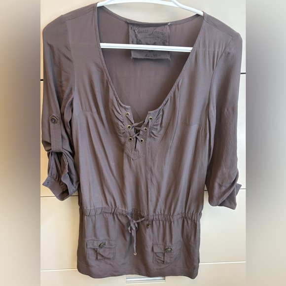 Guess Milk Chocolate 3/4 Sleeve Lightweight 100% Silk Sheath Mini Dress size XS - Picture 3 of 9